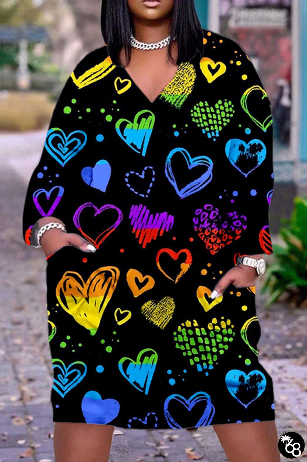 Valentine's Day Blue Black Casual Print Basic V Neck Long Sleeve Dresses | 168DEAL