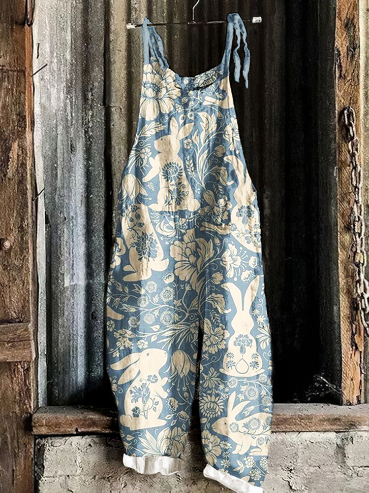 Comstylish Vintage Cute Rabbit Linen Blend Loose Casual Jumpsuit