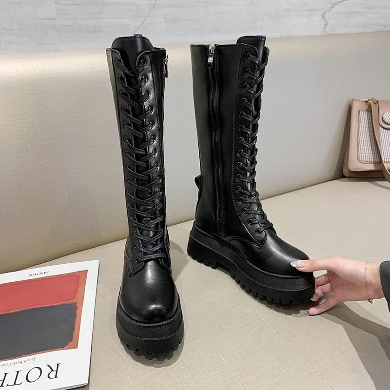 Women Combat Boots Antumn 2020 Female High Platform Gothic Shoes Black Leather Boots Lace Up Women Knee High Boots