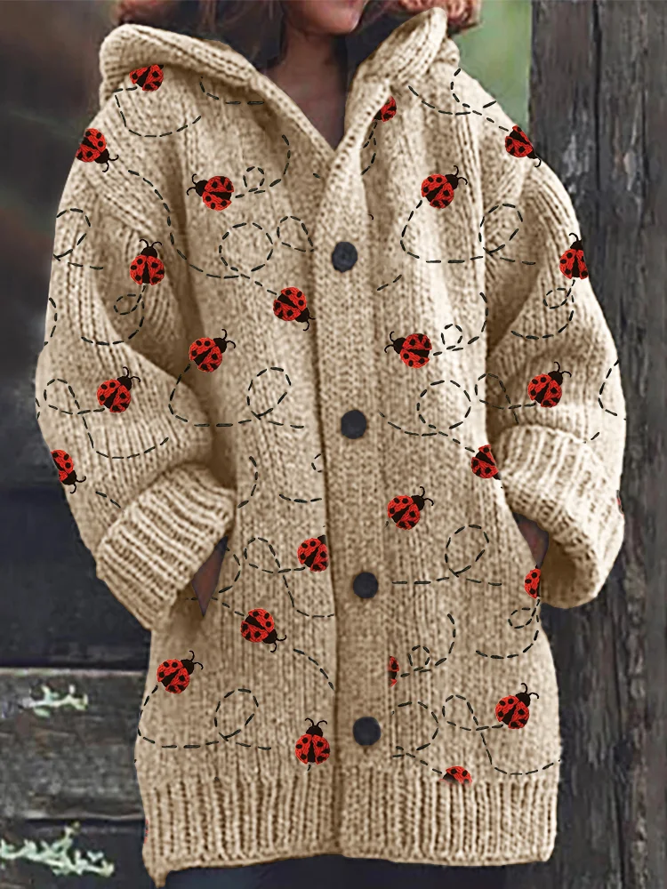 VChics Flying Ladybugs Embroidery Pattern Cozy Hooded Cardigan