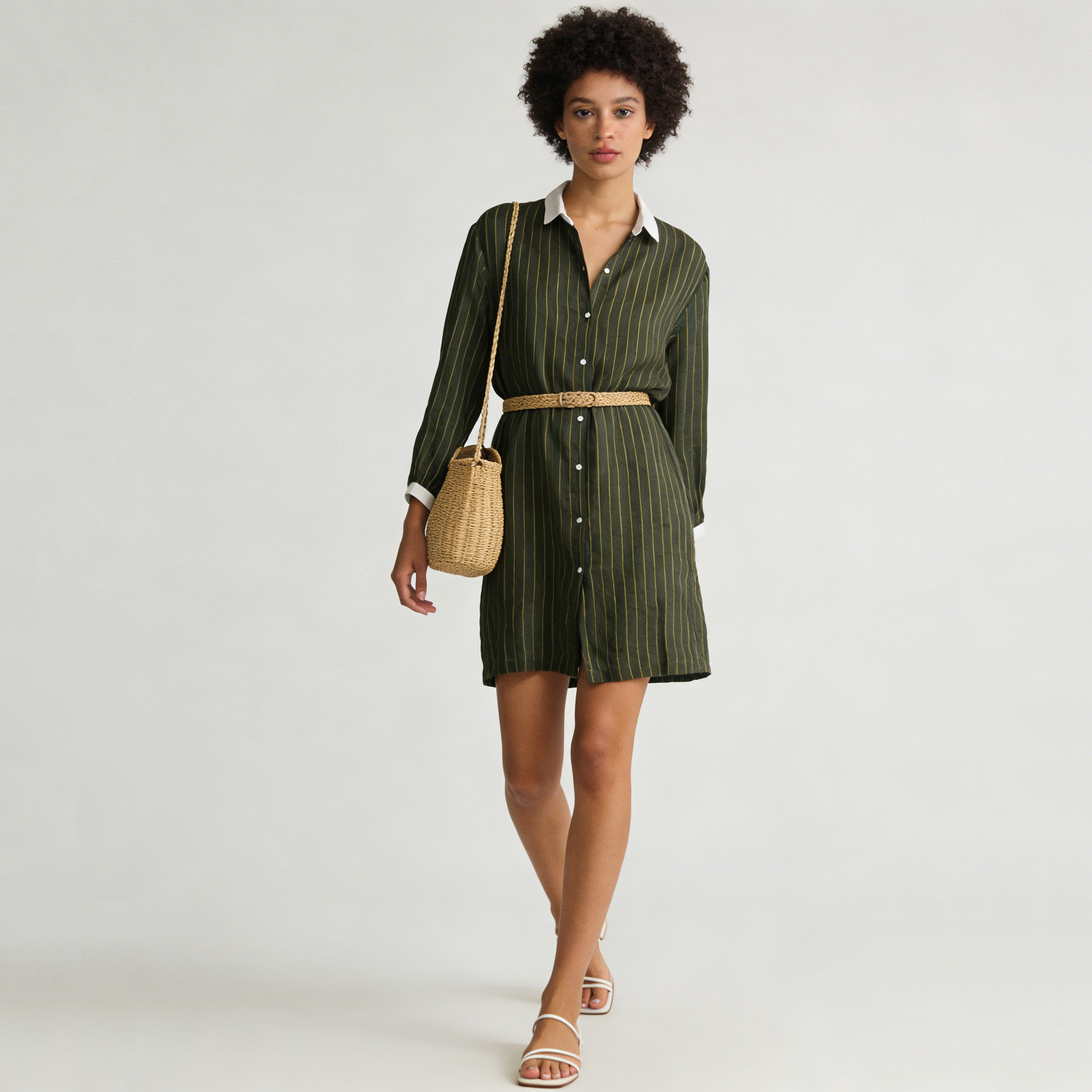 Linen Shirt Dress Women 100% Linen Contrast Collar Long Sleeve Mini Dress REAL SILK LIFE