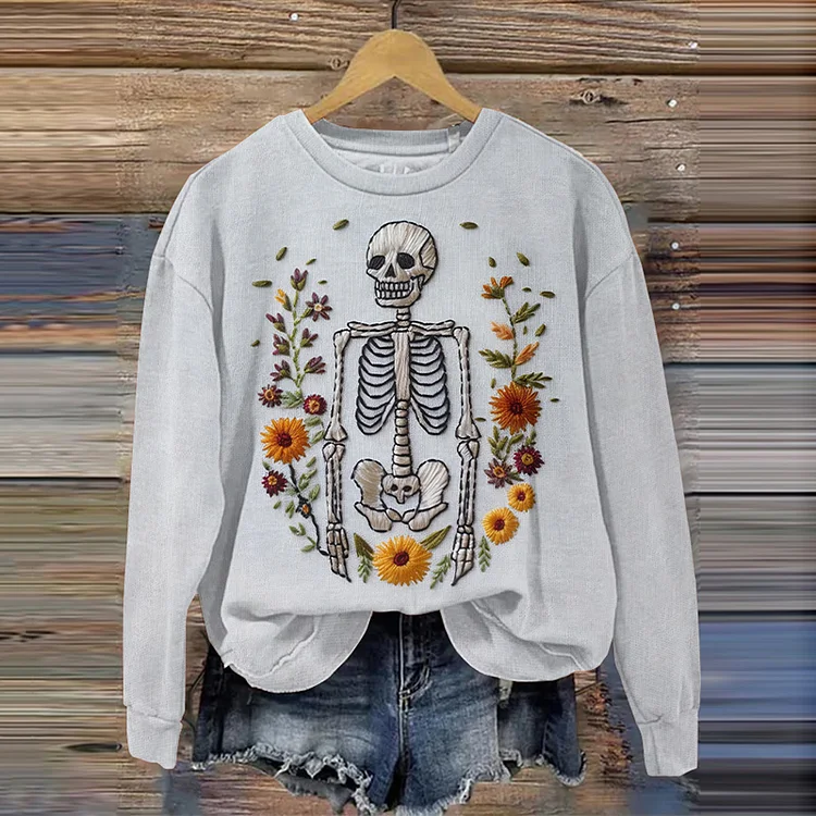 Halloween Embroidered Skull Print Crew Neck Sweatshirt