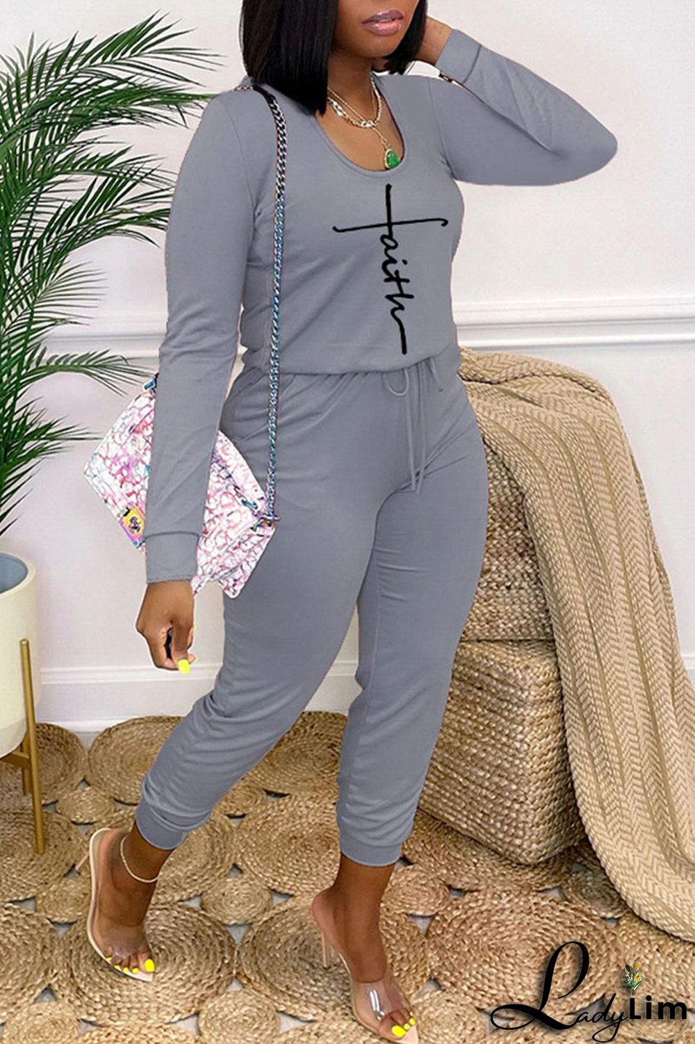Light Blue Casual Print Bandage Patchwork O Neck Regular Jumpsuits