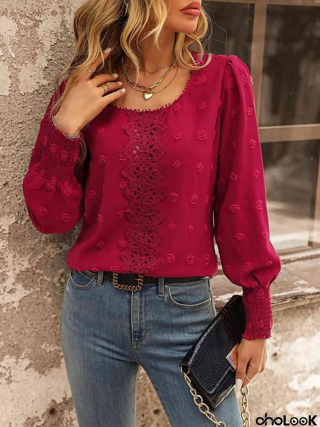 Swiss Dot Lace Detail Blouse