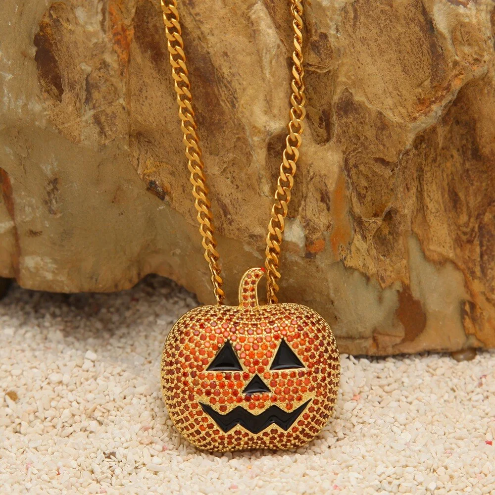 Halloween Full Iced Out Pumpkin Pendant Necklace-VESSFUL