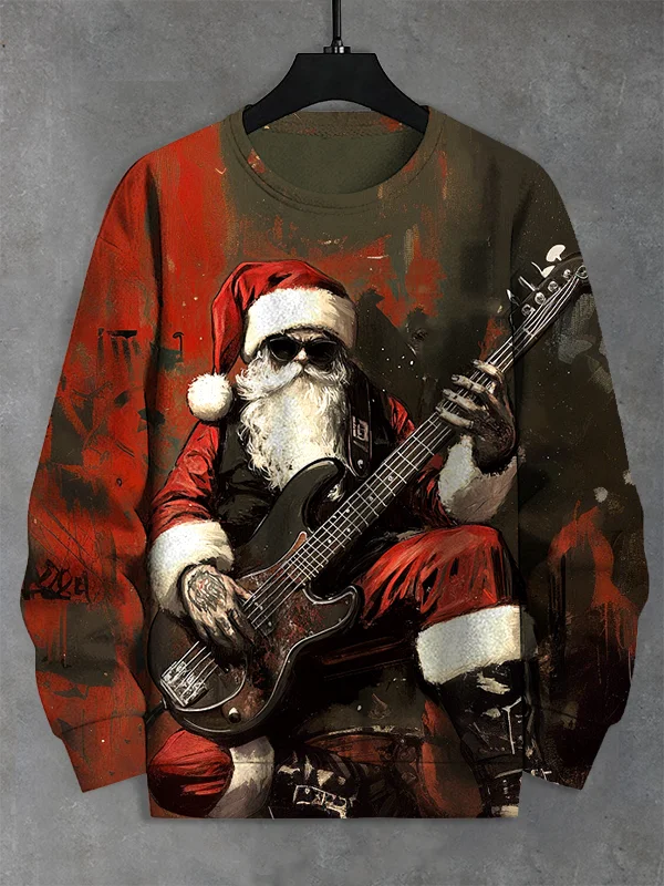 Men's Retro Punk Rock Santa Plays The Bass Print Casual Sweatshirt