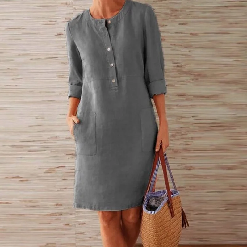 Billionm Color Button O Neck Cotton Linen Summer Dress Women Vintage Short Sleeve Pocket Knee Dress Casual Loose Plus Size Dresses
