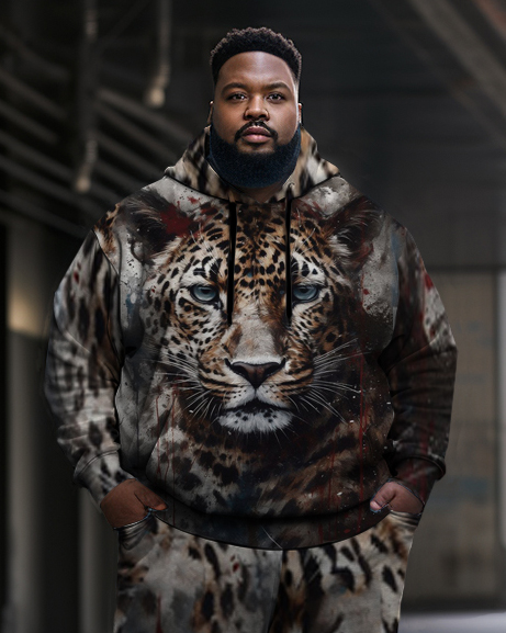 Men's Large Size Retro Leopard Painting Hoodie and Sweatpants Two Piece Set