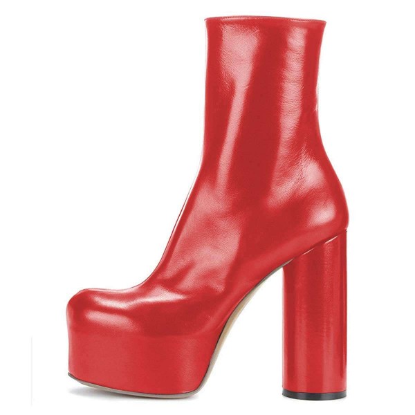Stylish Round Toe Cylinder Heel Platform Ankle Boots in Red Nicepairs