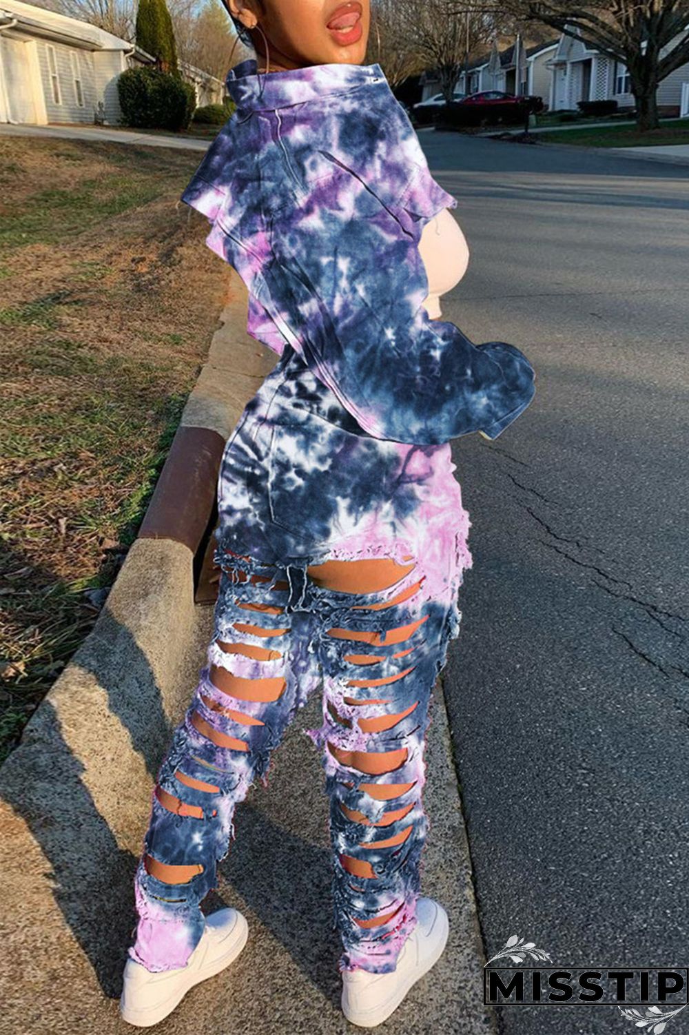 Deep Blue Casual Tie Dye Ripped Turndown Collar Long Sleeve Two Pieces