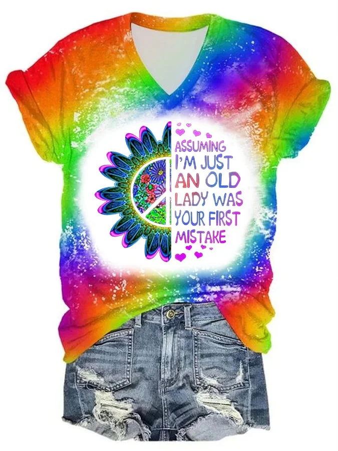 Women's Funny Old Hippie Assuming I'm Just An Old Lady Was Your First Mistake Print V-Neck Tee socialshop