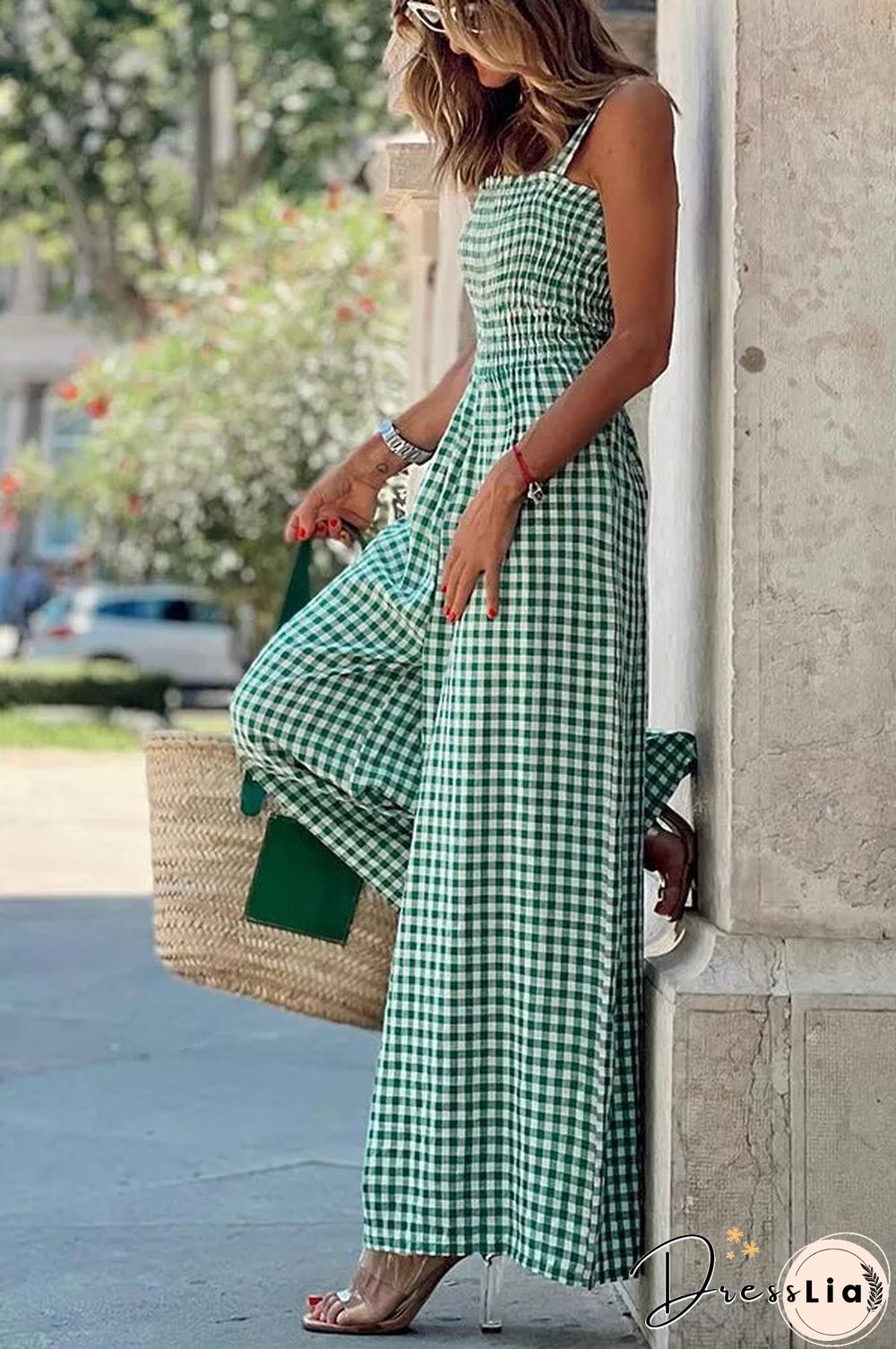 Plaid Smocked Wide Leg Jumpsuit