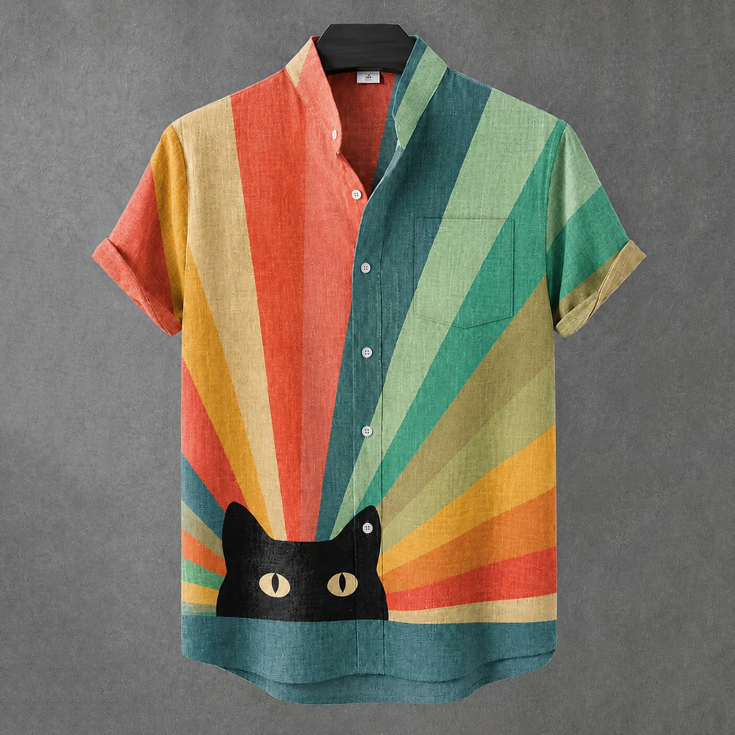 Men's Vintage Black Cat With Rainbow Abstract Art Casual Shirt  artssus