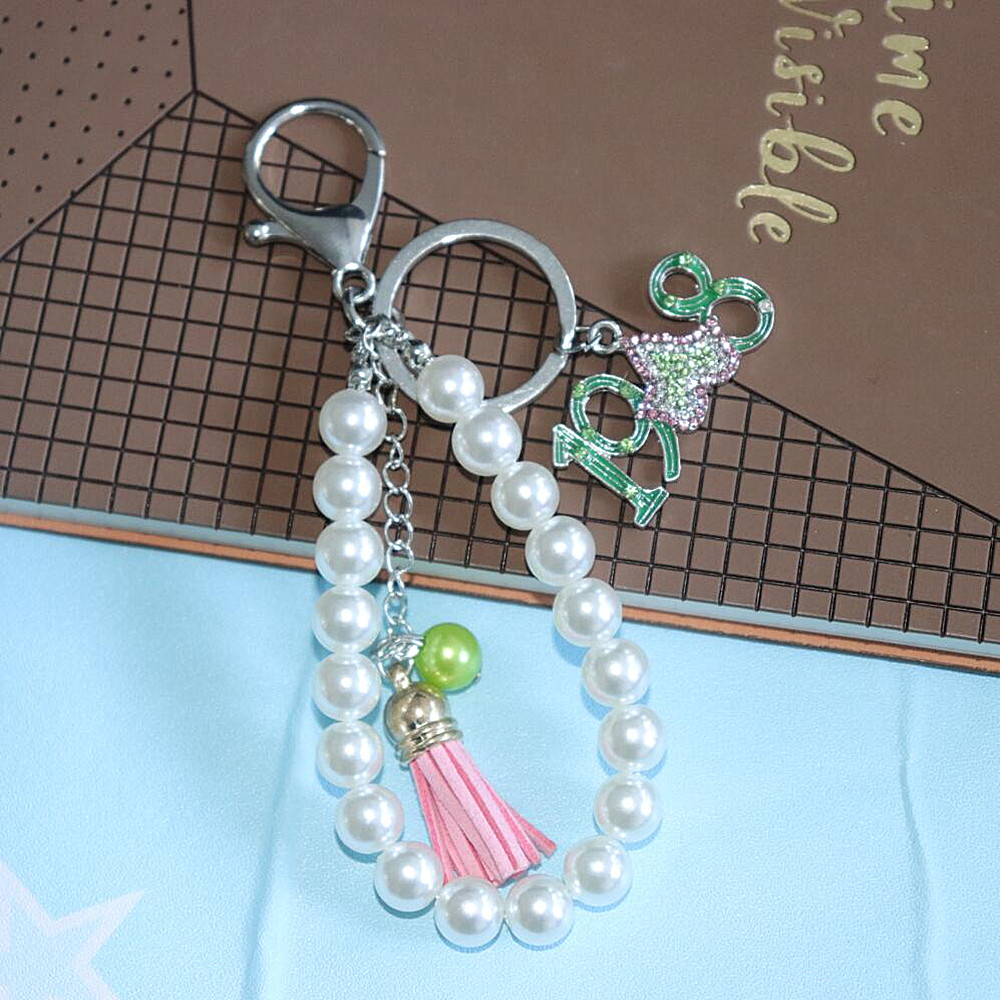 Customize Trendy Green Pink Color Sorority Sign I Heart 1908 Tassel Pearl Key Chain Key Rings For Bag