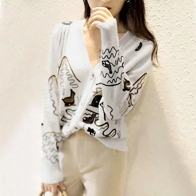 Long Sleeve Knitted Graffiti Casual Cardigan QueenFunky