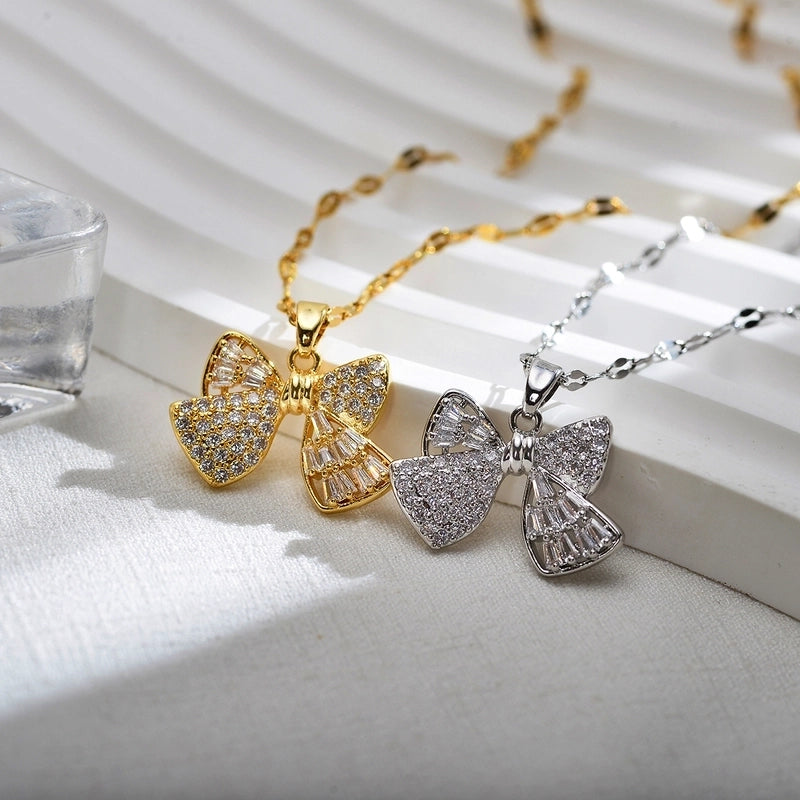 Sweet Wings Bow Knot Titanium Steel Copper Zircon Gold Plated Inlay Pendant Necklace