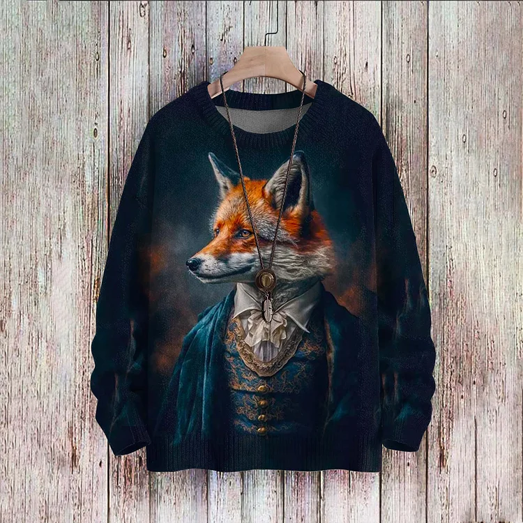 Casual The Gentleman Mr.Darcy Fox Portrait Vintage Fox Painting Unisex Pullover Knitted Sweater
