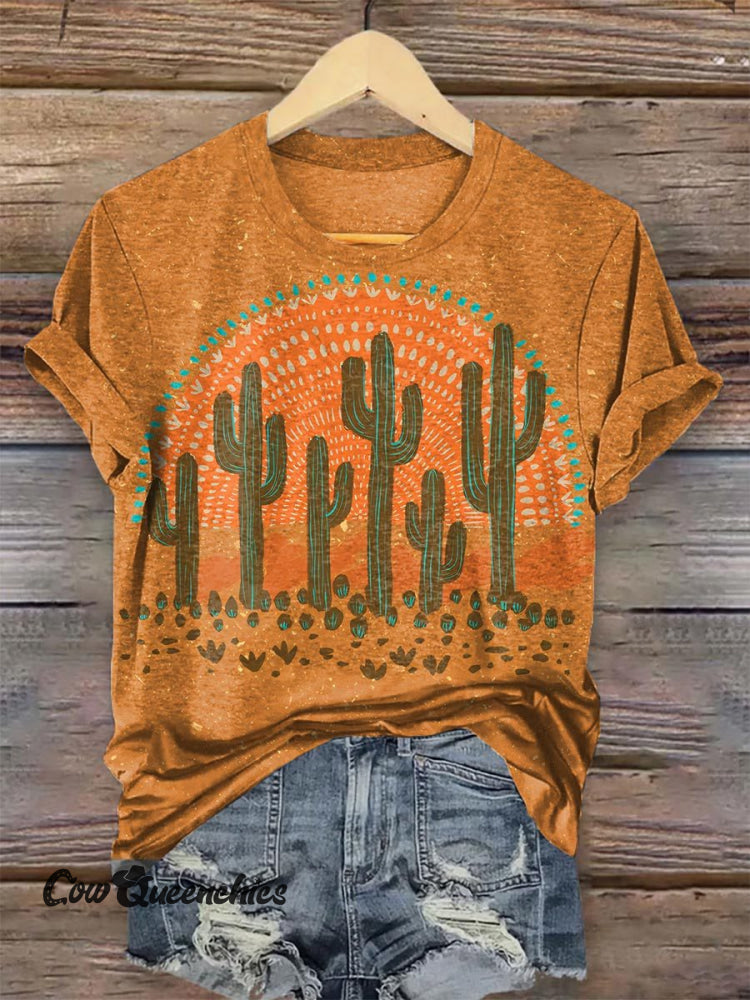 Wild West Fallen Cactus Retro Print T-Shirt Orange / S