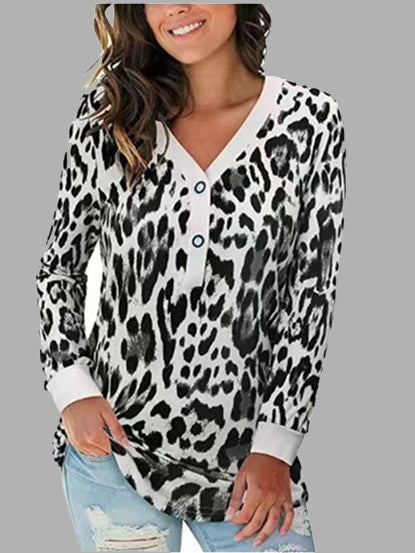 Women's Button Graphic Leopard Printed Solid Color V-Neck Long Sleeve Top