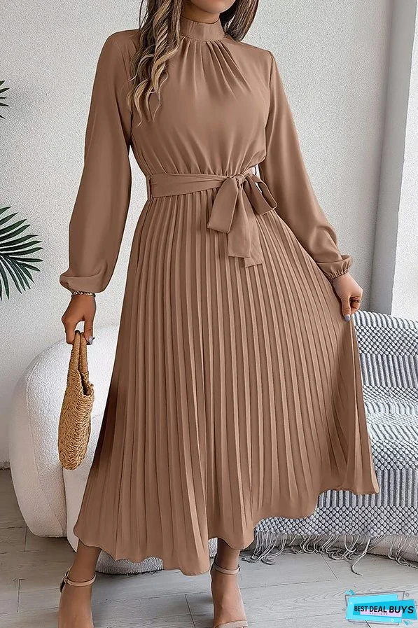 Elegant Stand-collar Long-sleeve Waisted Tie-up Pleated Midi Dress