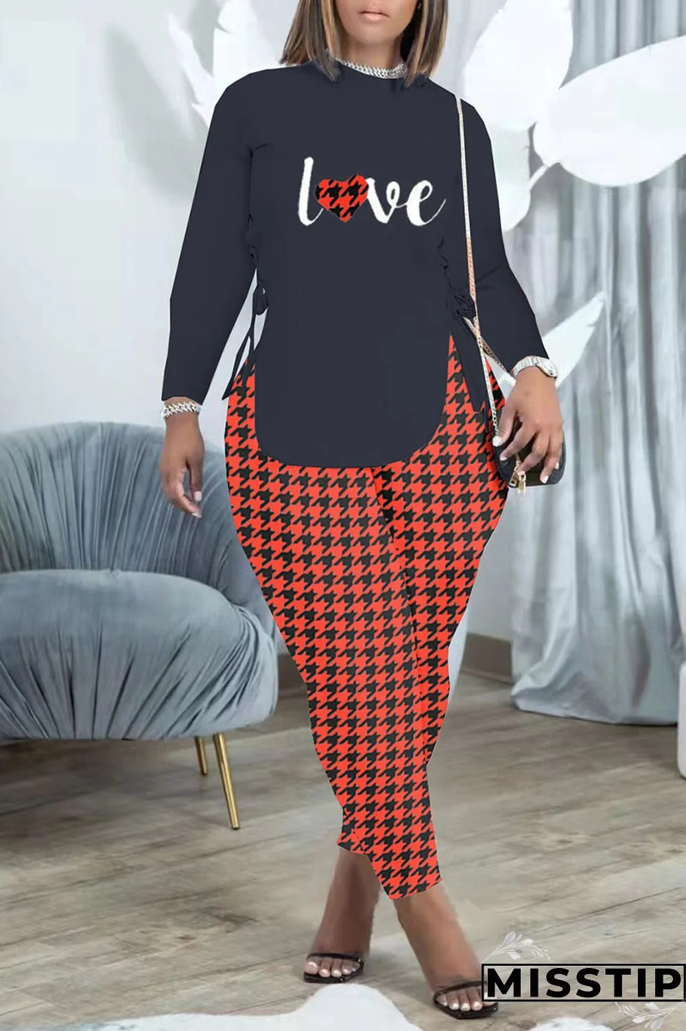 Brown Fashion Casual Print Bandage Patchwork O Neck Long Sleeve Two Pieces