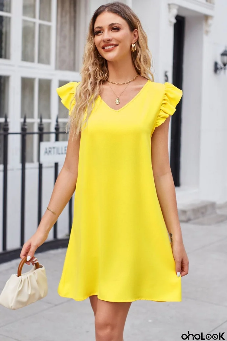 Ruffled V-Neck Flutter Sleeve Dress