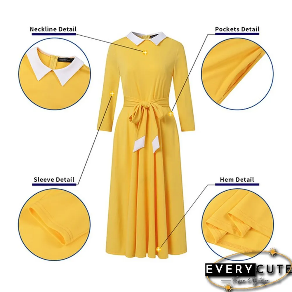 Womens Full Sleeved Autumn Belt Solid Slim Party Side Pockets Retro A-Line Pleated Long