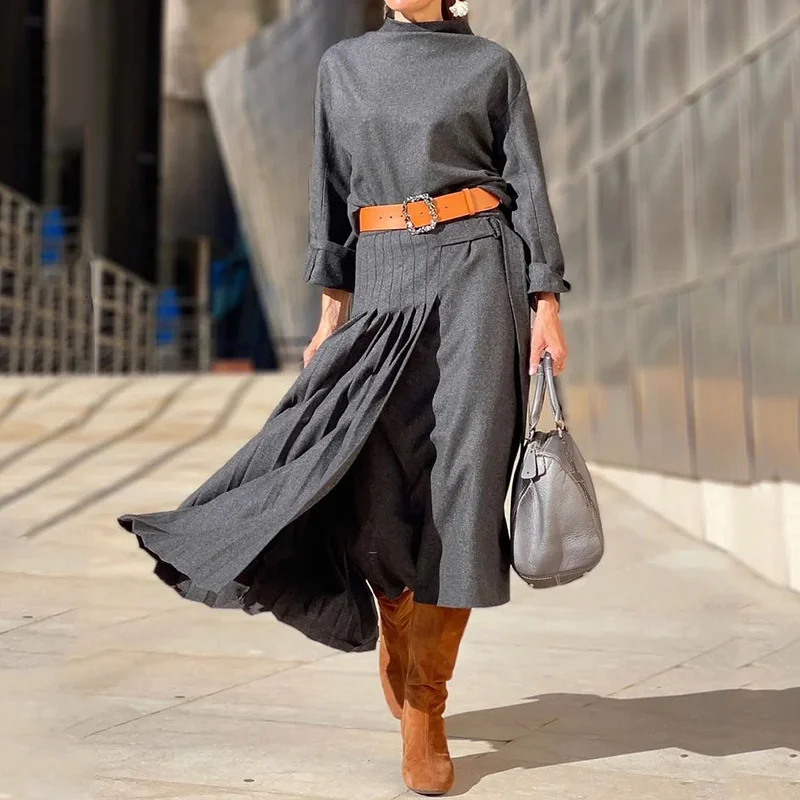 Toloer Toloer 2023 New Fashion Versatile Temperament Belt Closed Waist Pleated Dress-Outfit Ideas