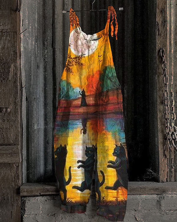 Halloween Black Cat Print Jumpsuit