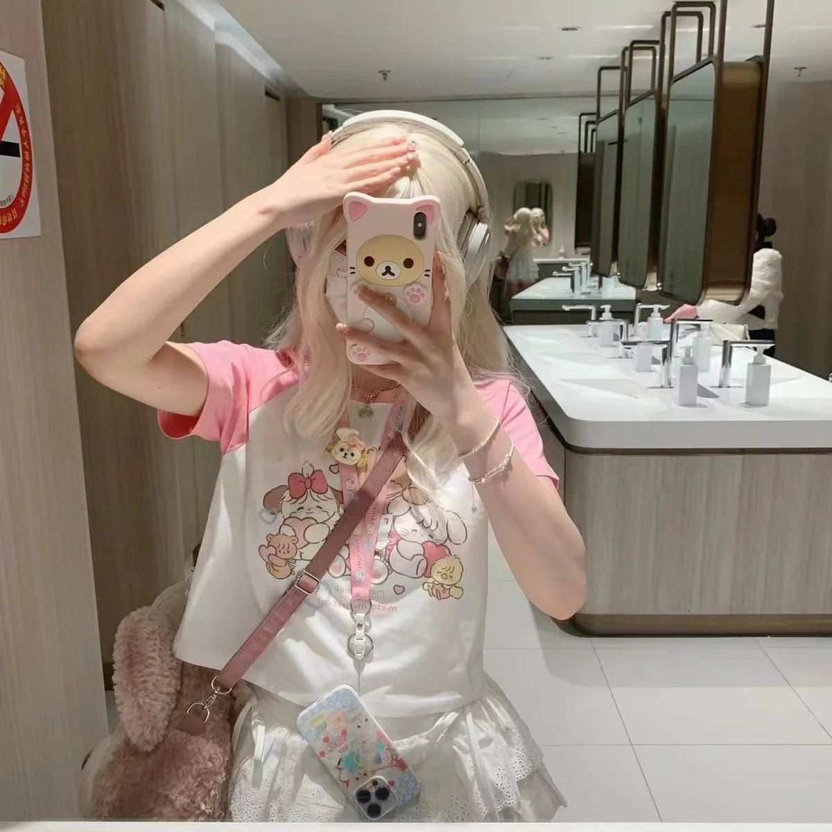 OLCooL Funny Bear Graphic T-shirts Women Pink Kawaii Print Short Raglan Sleeve Tee Summer Fashion Japan Style Soft Girl Clothes olcool