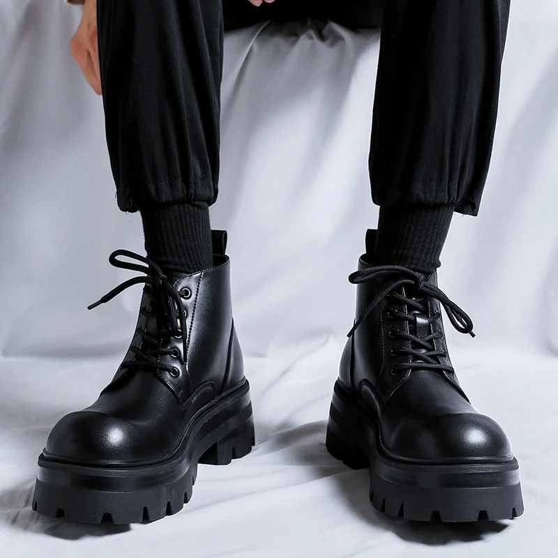 Qengg Qengg Boots Men In Autumn And Winter Increased Tooling Locomotive Wind Super Fire Leather Boots Big Head Advanced Sense Ankle Boots 9133-Y