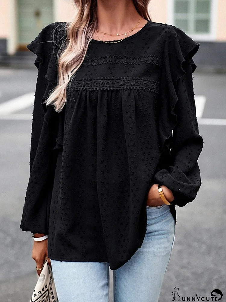 Elegant Black Lace Eyelet Ruffle Sleeve Blouse for Fall