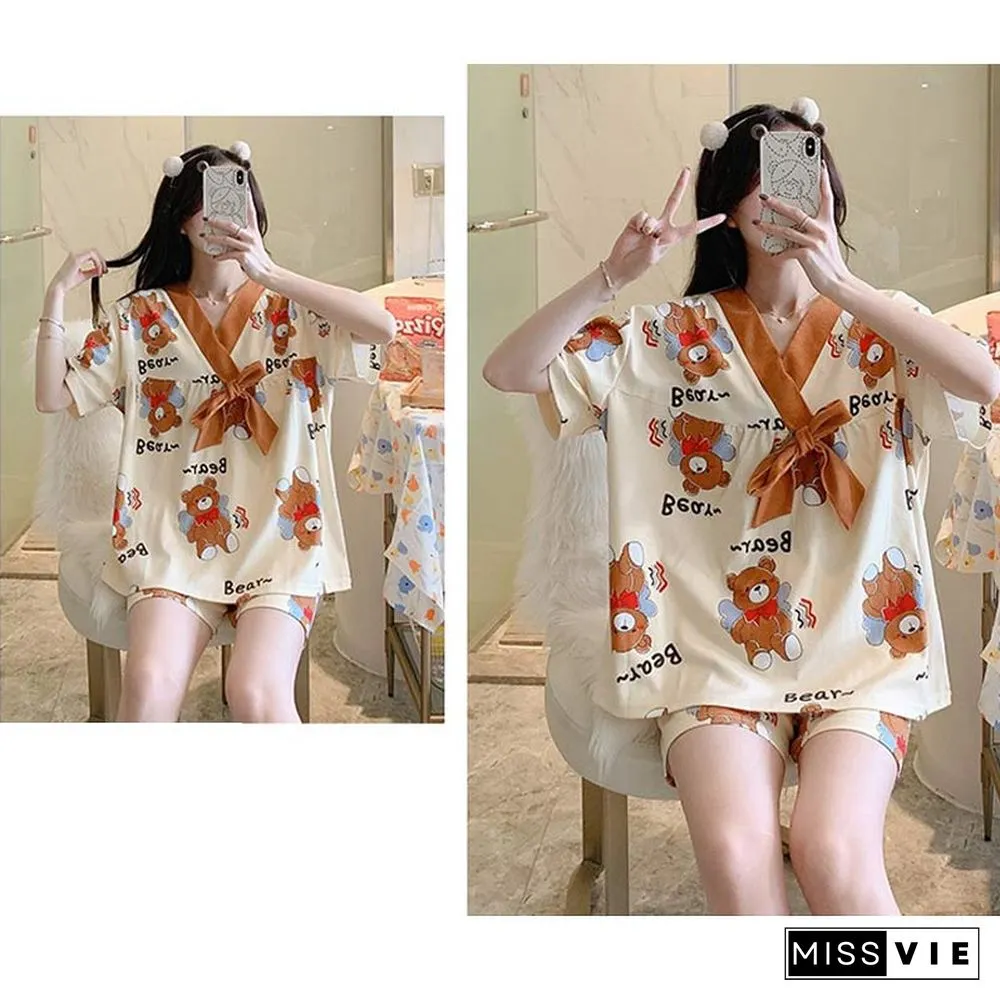 Cute Cartoon Bear Print T-shirt Shorts Pajamas Two Pieces Set