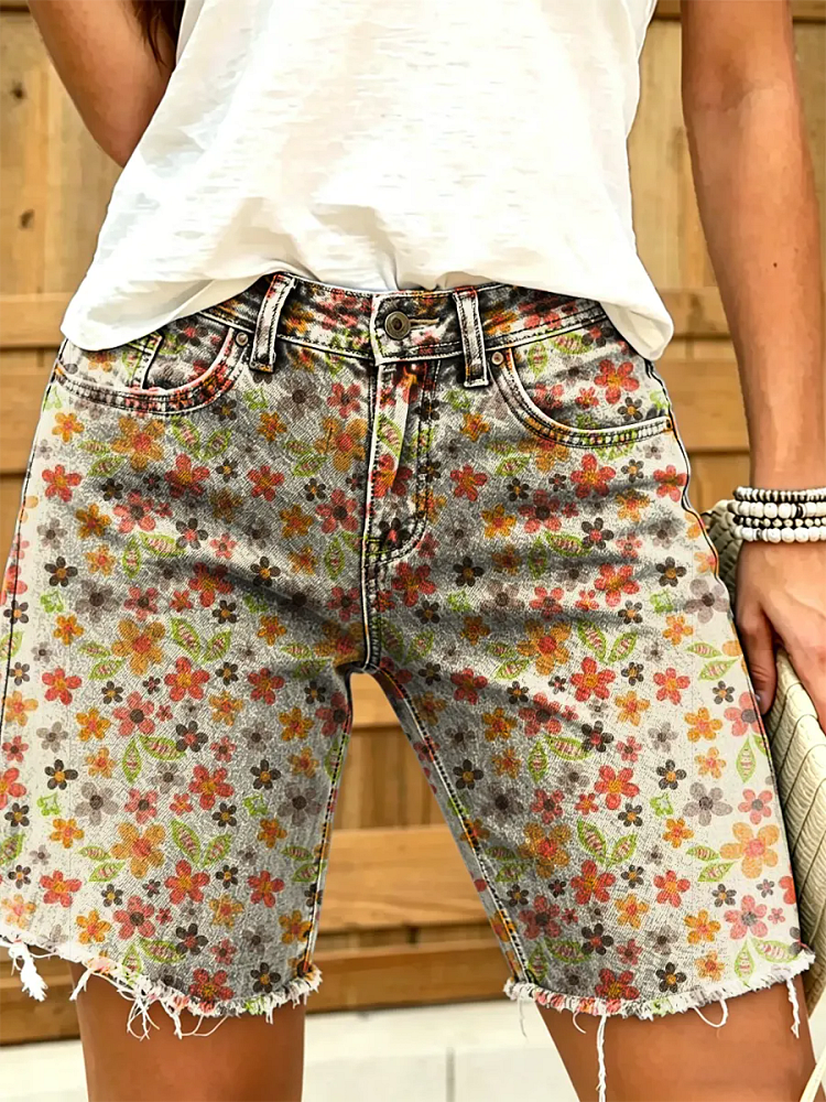 Women's Vintage Floral Print Denim Shorts