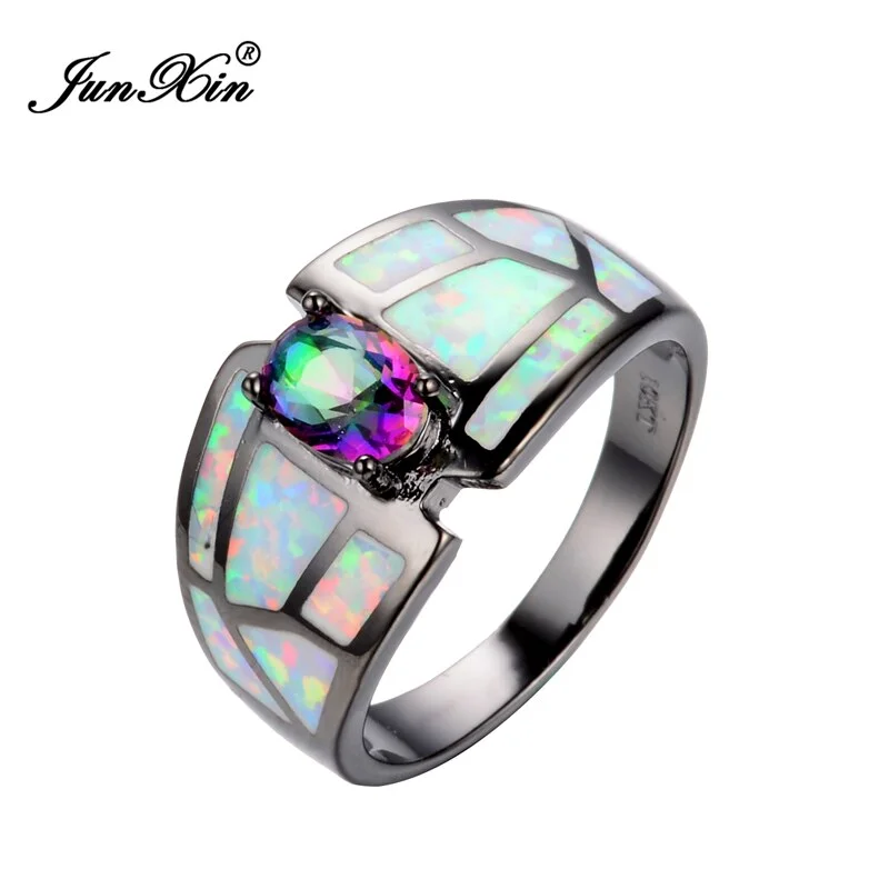 Size 6/7/8/9 Elegant Women Jewelry Rainbow Opal Rings Multi-Color CZ 10KT Black Gold Filled Engagement Ring RB0250