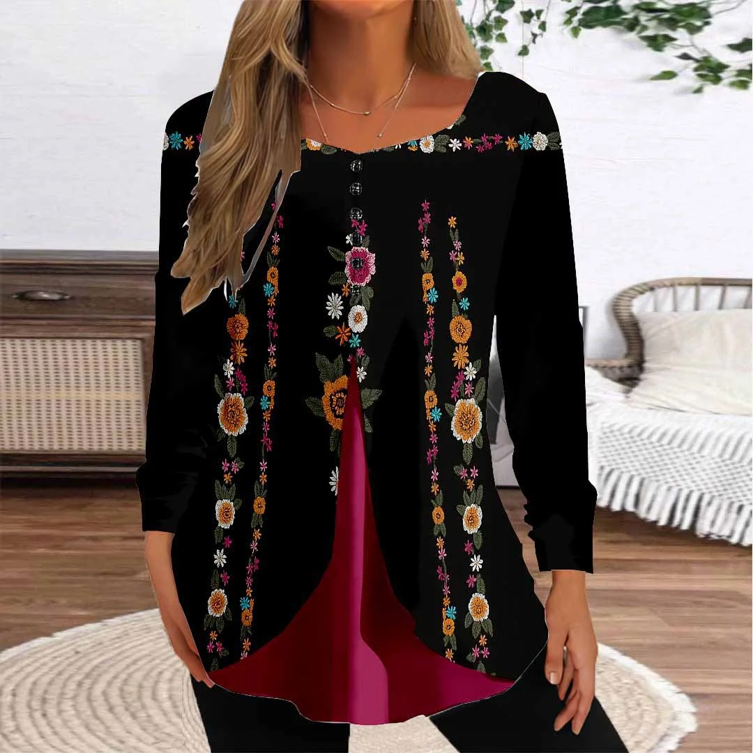Women Graphic,Black DZGG8273 Long Sleeve Scoop Neck Printed Graphic Button Fake 2in1 Tops
