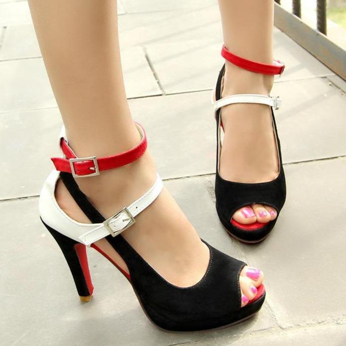 Women summer sexy peep toe patchwork buckle party stiletto heels