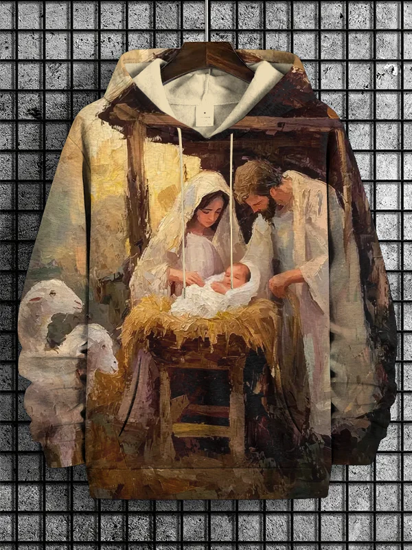 Men's Christmas Jesus Nativity Oil Painting Print Hooded Sweatshirt