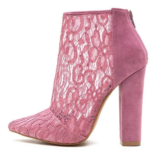 Pink Pointy Toe Lace Summer Sandal Boots Chunky Heel Ankle Boots |FSJ Shoes