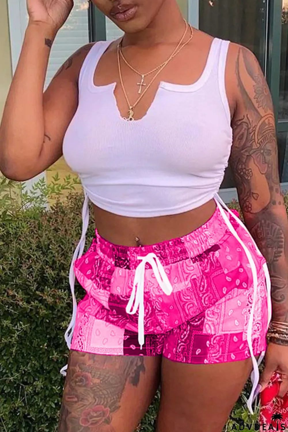 Grey Sexy Print Ripped Contrast Spaghetti Strap Sleeveless Two Pieces