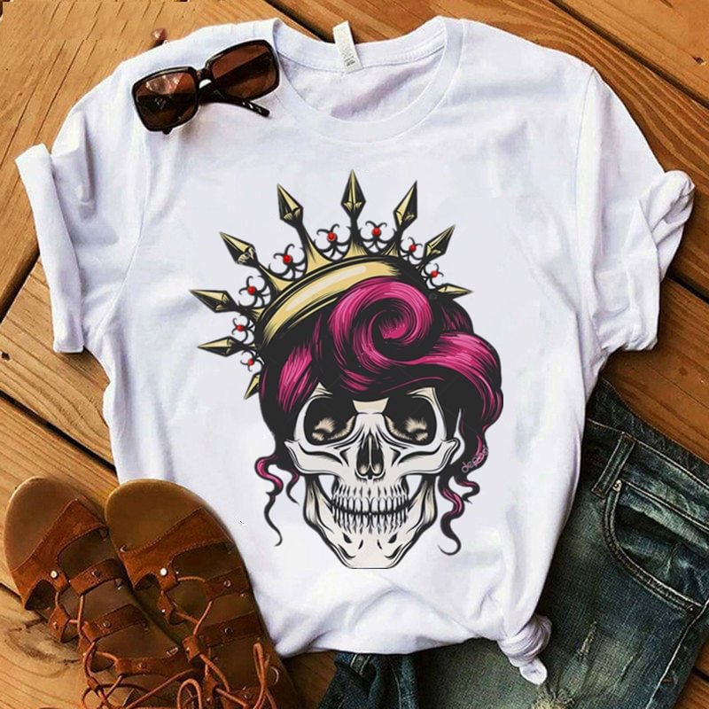 Women Crown Skull Funny Print T shirt 2020 Fashion Summer O Neck 90S Clothes Girl Casual Short Sleeve Printed Clothes,Drop Ship