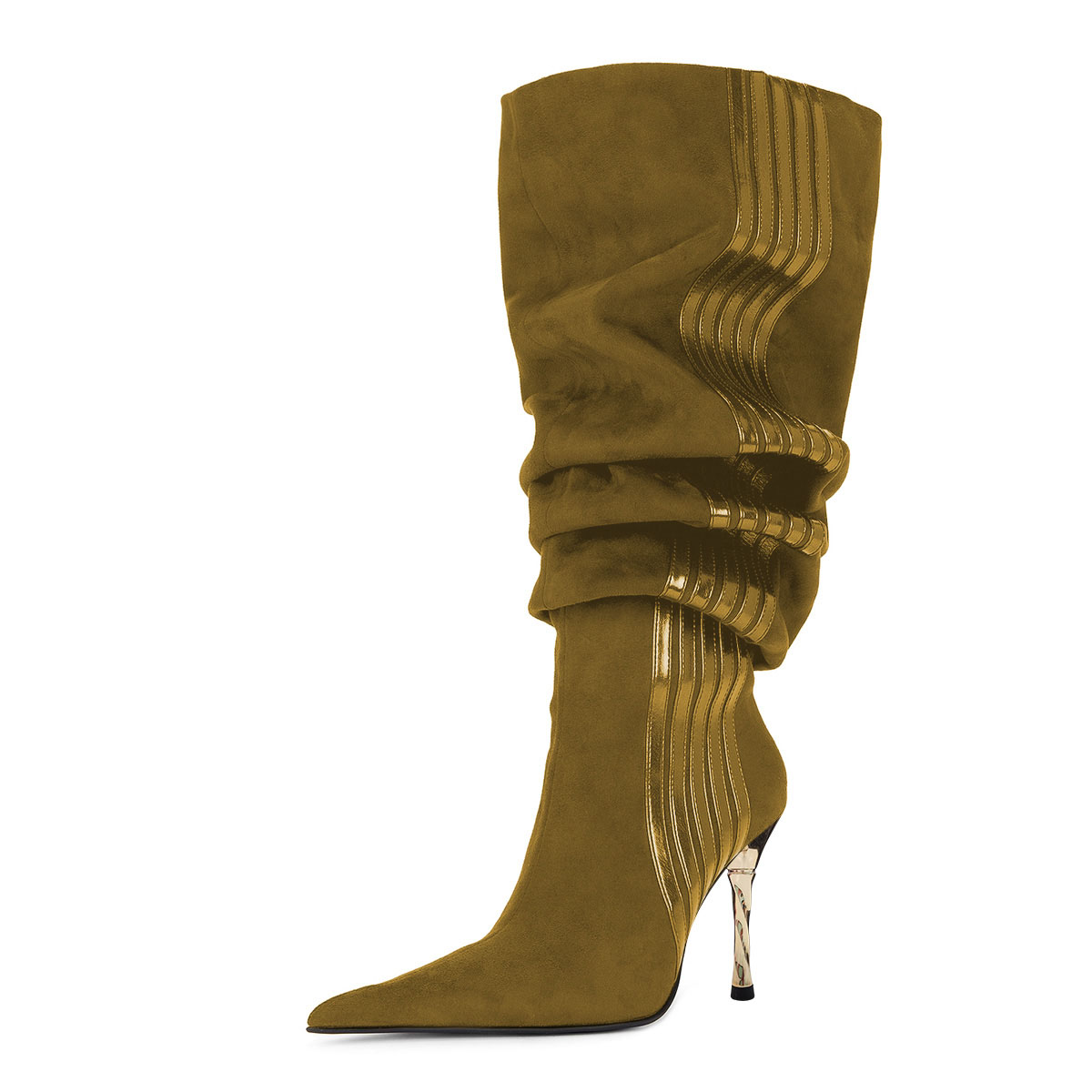 Olive Pointed Toe Stiletto Heel Mid-Calf Slouch Boots for Women Nicepairs