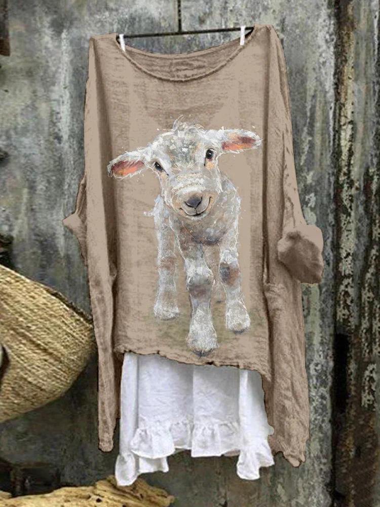 Cute Little Lamb Art Linen Blend Flowy Tunic