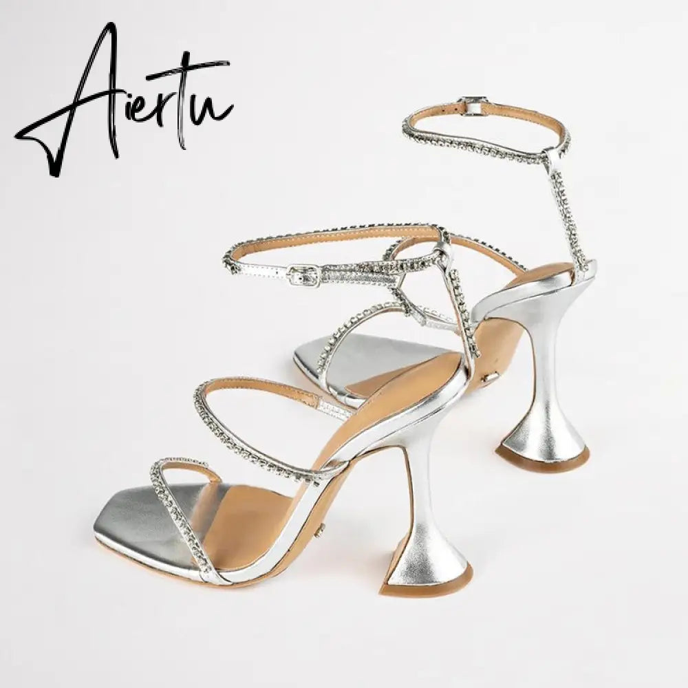 New High Heels Square Toe Wine Glass with A Word with Large Size Sexy Rhinestone Sandals Women Aiertu