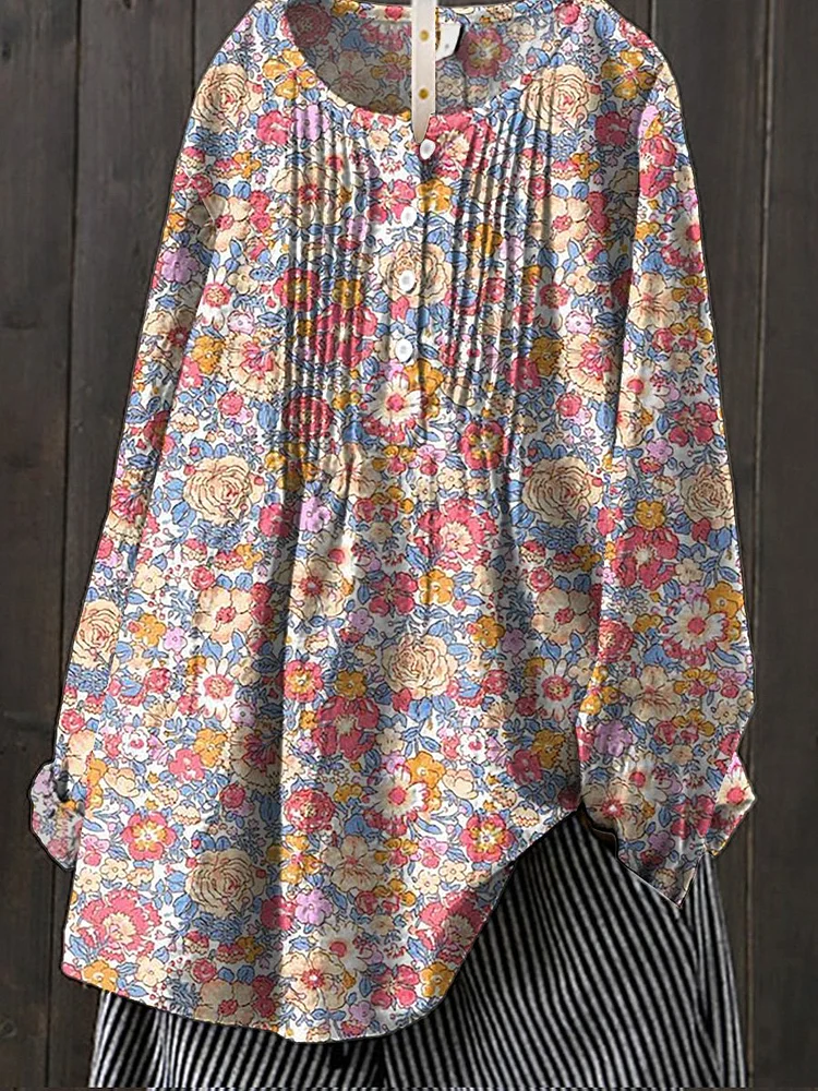 Retro Style Summer Floral Field Repeat Pattern Printed Women's Casual Cotton And Linen Shirt