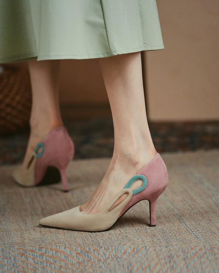 Colorblock Cut-out Suede Leather High Heel Sandals