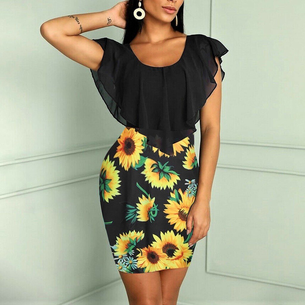 Sexy Womens Sunflower Summer Bodycon Dress Sleeveless Printed Holiday Party Short Mini Dresses Ruffle Summer Dress 2021 Vestido