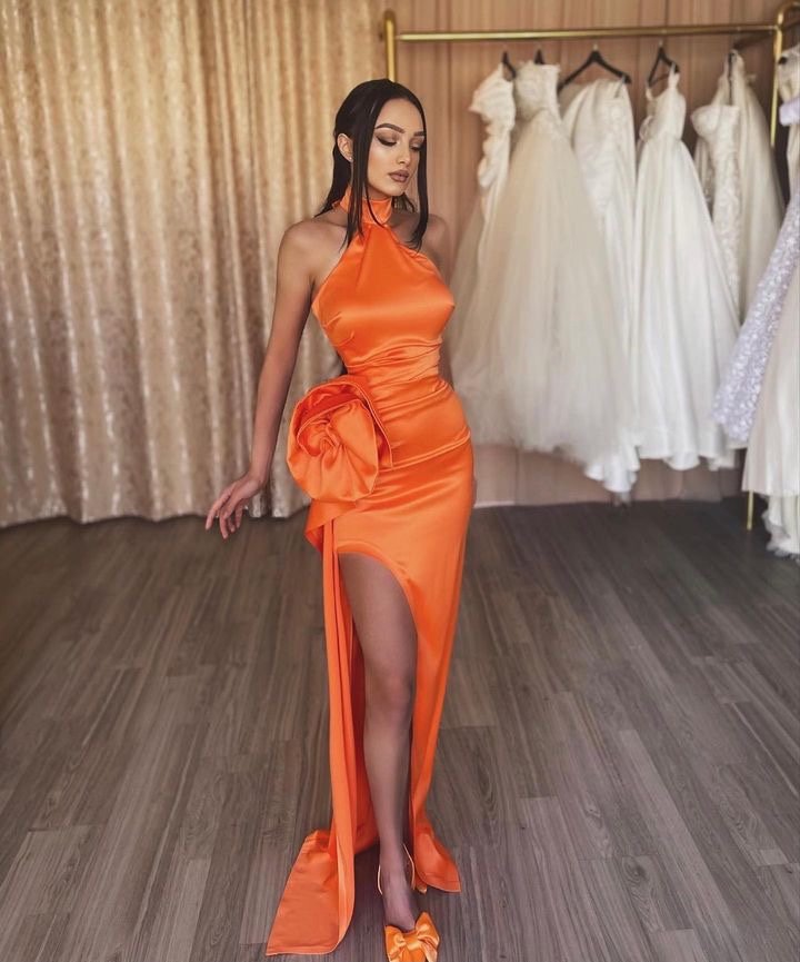 Hellodresses Orange Flower Halter Sleeveless Split Prom Dress With Ruffles