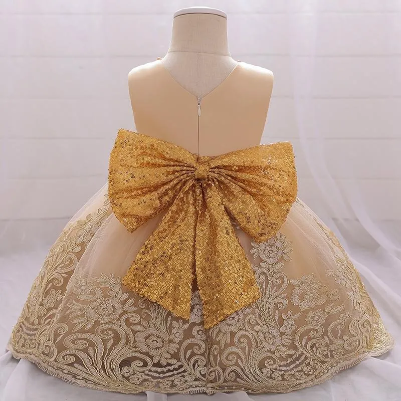 2021 Flower Champagne 1srt Birthday Dress For Baby Girl Clothes Princess Dresses Baptism Dress Infant Vestidos Toddler Ceremony