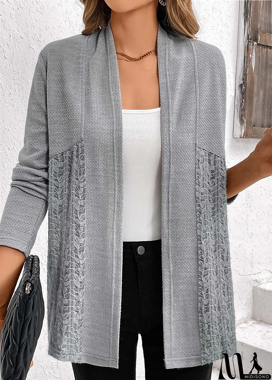 MidiSono - Plus Size Grey Patchwork Long Sleeve Cardigan